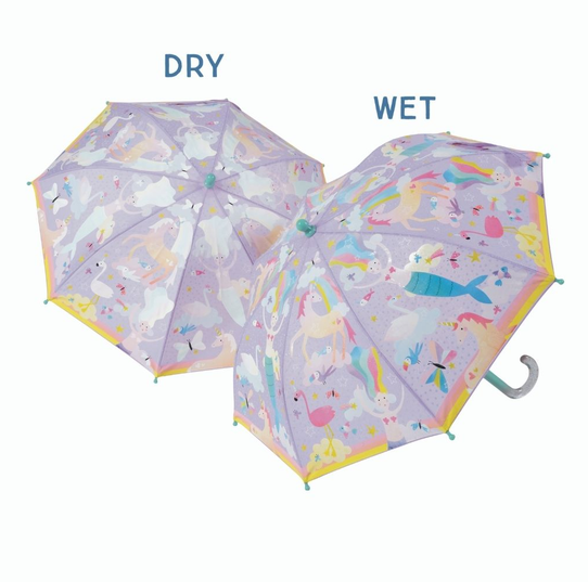 Floss and Rock Color Changing Umbrella - Fantasy Land, kids' color-changing umbrella that reveals bright patterns when wet, with a child-safe handle.