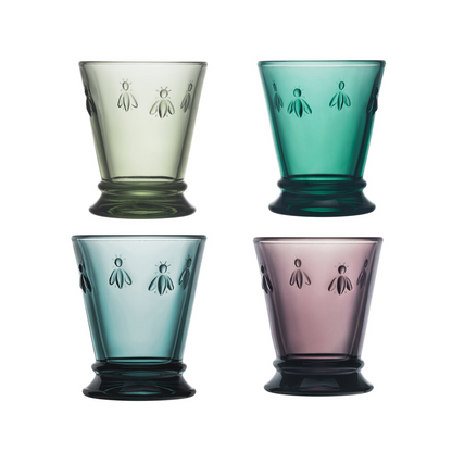 Set of 4 La Rochère Bee water glasses 250ml in mixed colors: eggplant, emerald, green, and blue