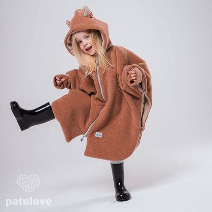 Warm hooded poncho for car seat harness access - Fox