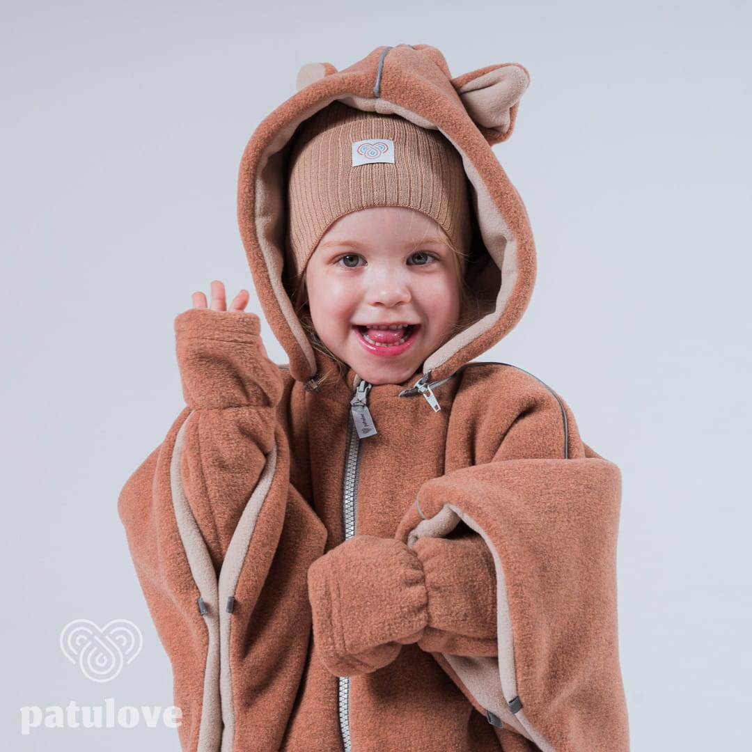 Front View of Warm hooded poncho for car seat harness access - Fox