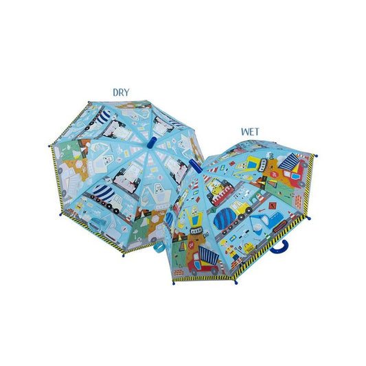 Floss and Rock Color Changing Umbrella - Construction Site, kids' color-changing umbrella that reveals bright patterns when wet, with a child-safe handle.