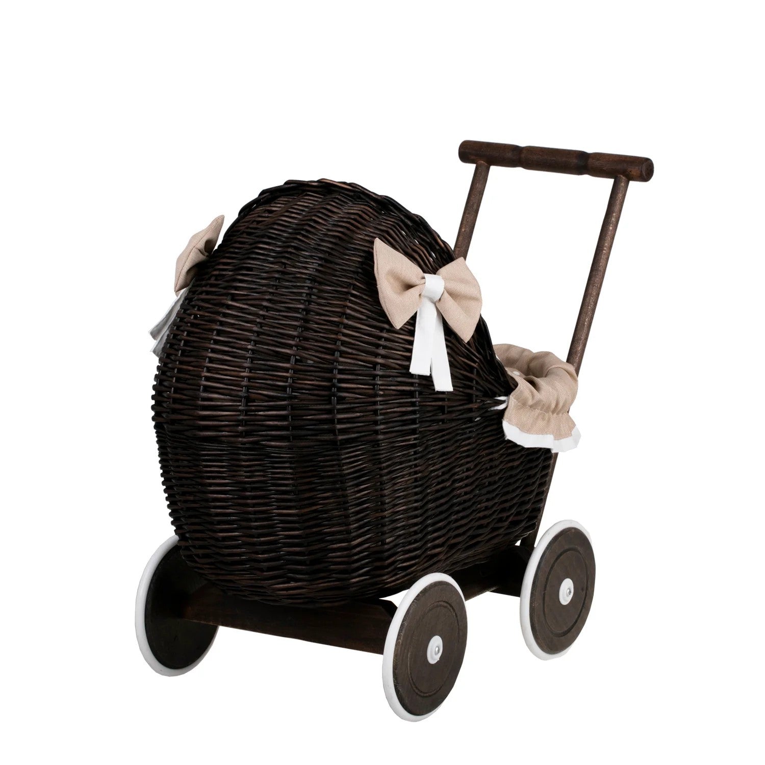 Front view of Dark wicker doll pram Lili with beige bedding handmade