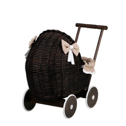 Front view of Dark wicker doll pram Lili with beige bedding handmade