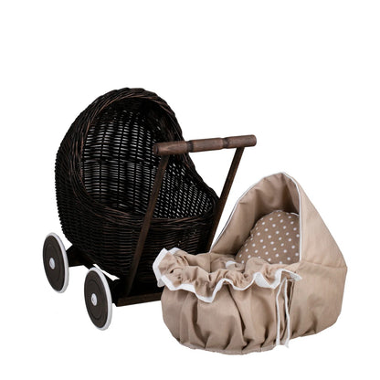 Handcrafted dark wicker doll carriage for nursery decor