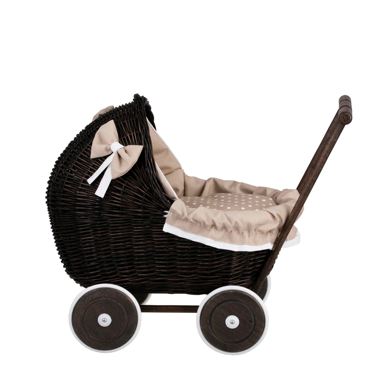 Side view of Dark wicker doll pram Lili with beige bedding handmade