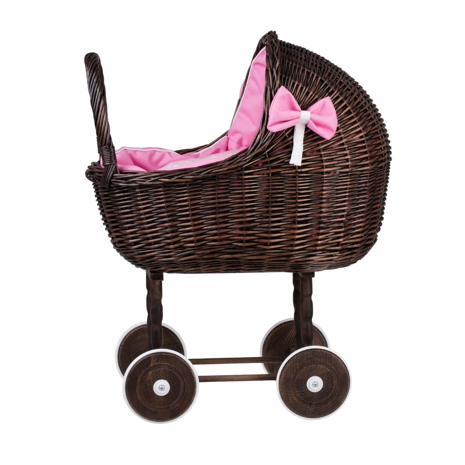 Handmade dark wicker toy pram for toddlers