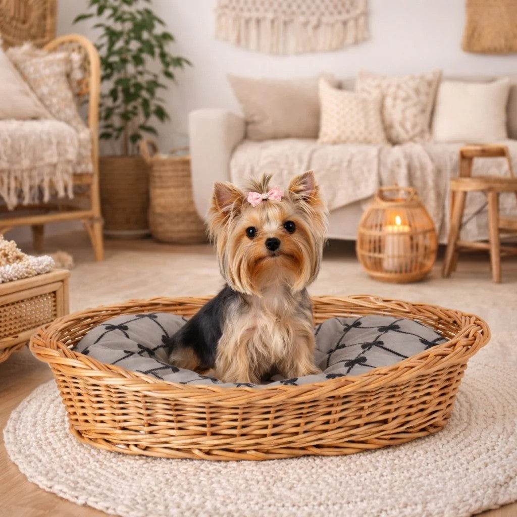 Enovia Natural Wicker Dog Bed With Grey Cushion, 70x54 cm