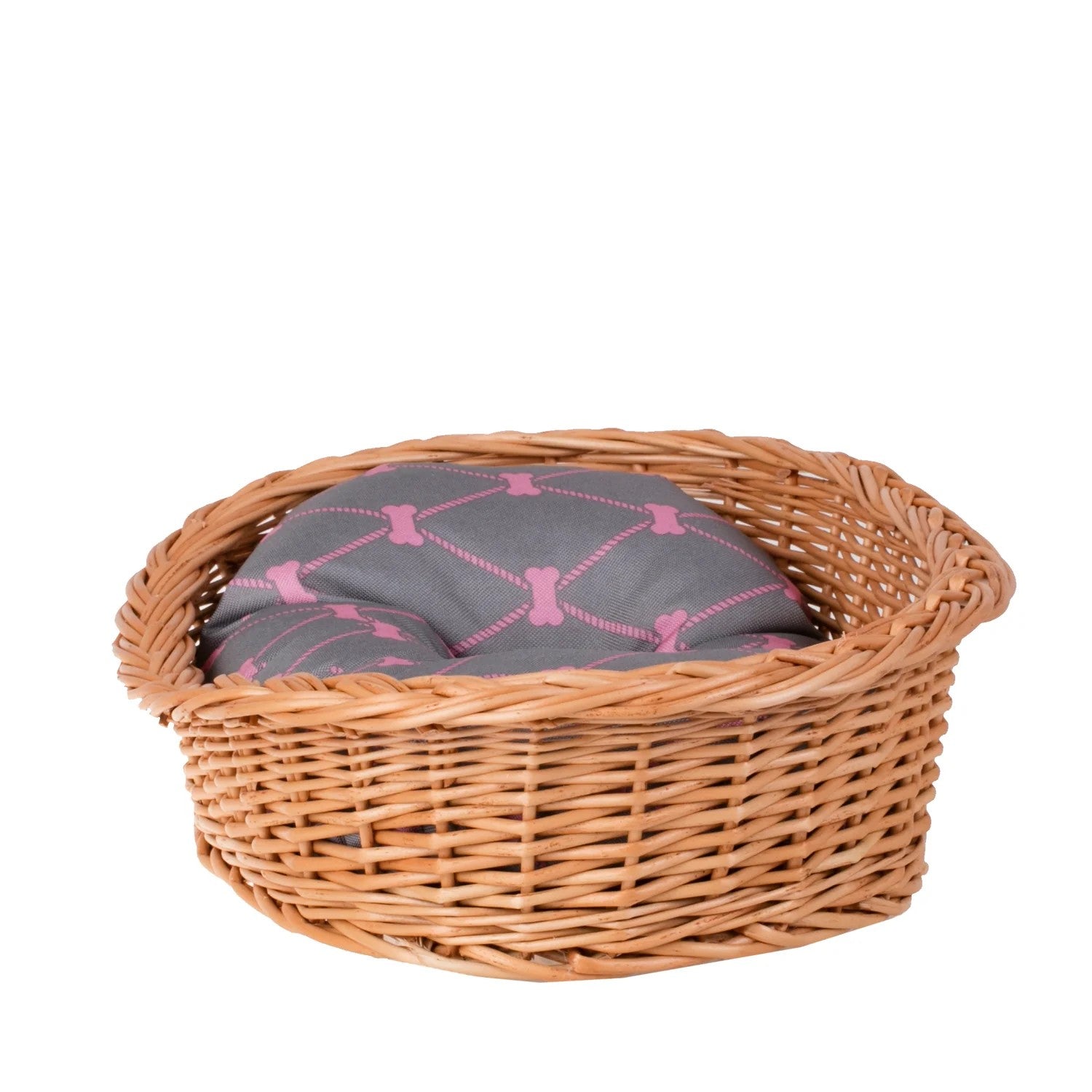 Enovia Natural Wicker Dog Bed With Grey And Pink Cushion, 65x46 cm
