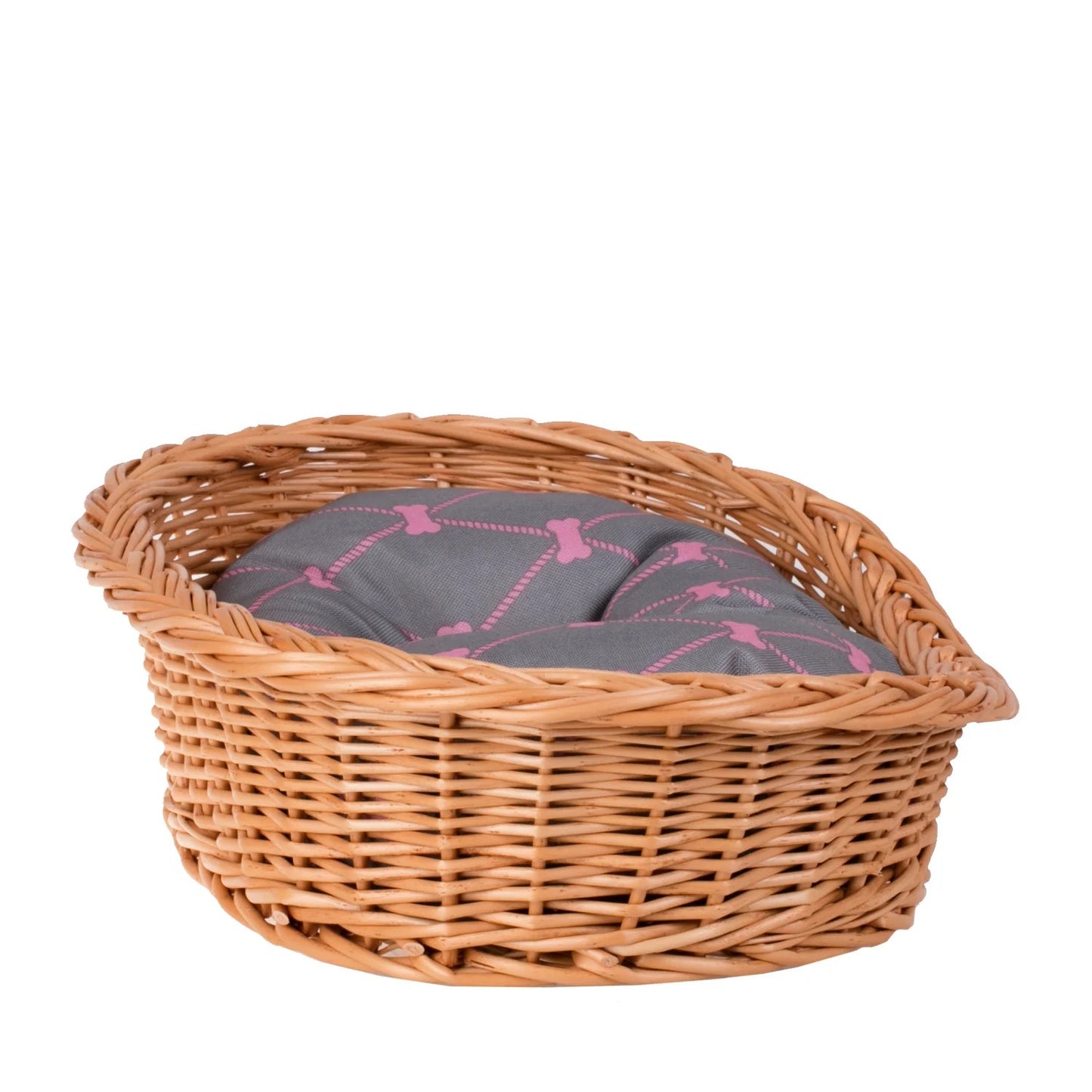 Enovia Natural Wicker Dog Bed With Grey And Pink Cushion, 80x60 cm