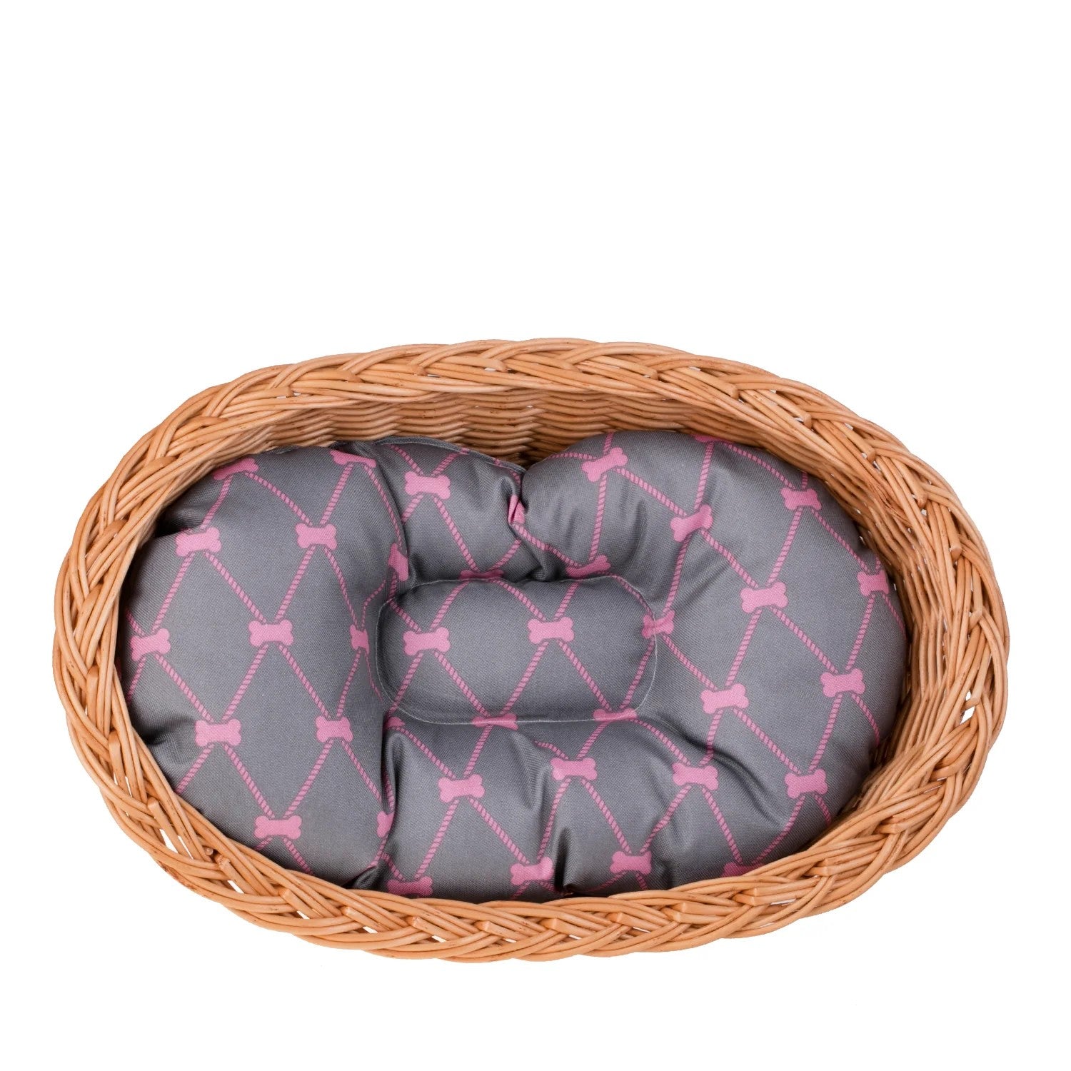 Enovia Natural Wicker Dog Bed With Grey And Pink Cushion, 60x43 cm