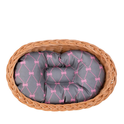 Enovia Natural Wicker Dog Bed With Grey And Pink Cushion,  75x57 cm