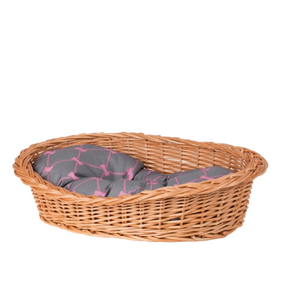 Enovia Natural Wicker Dog Bed With Grey And Pink Cushion, 60x43 cm