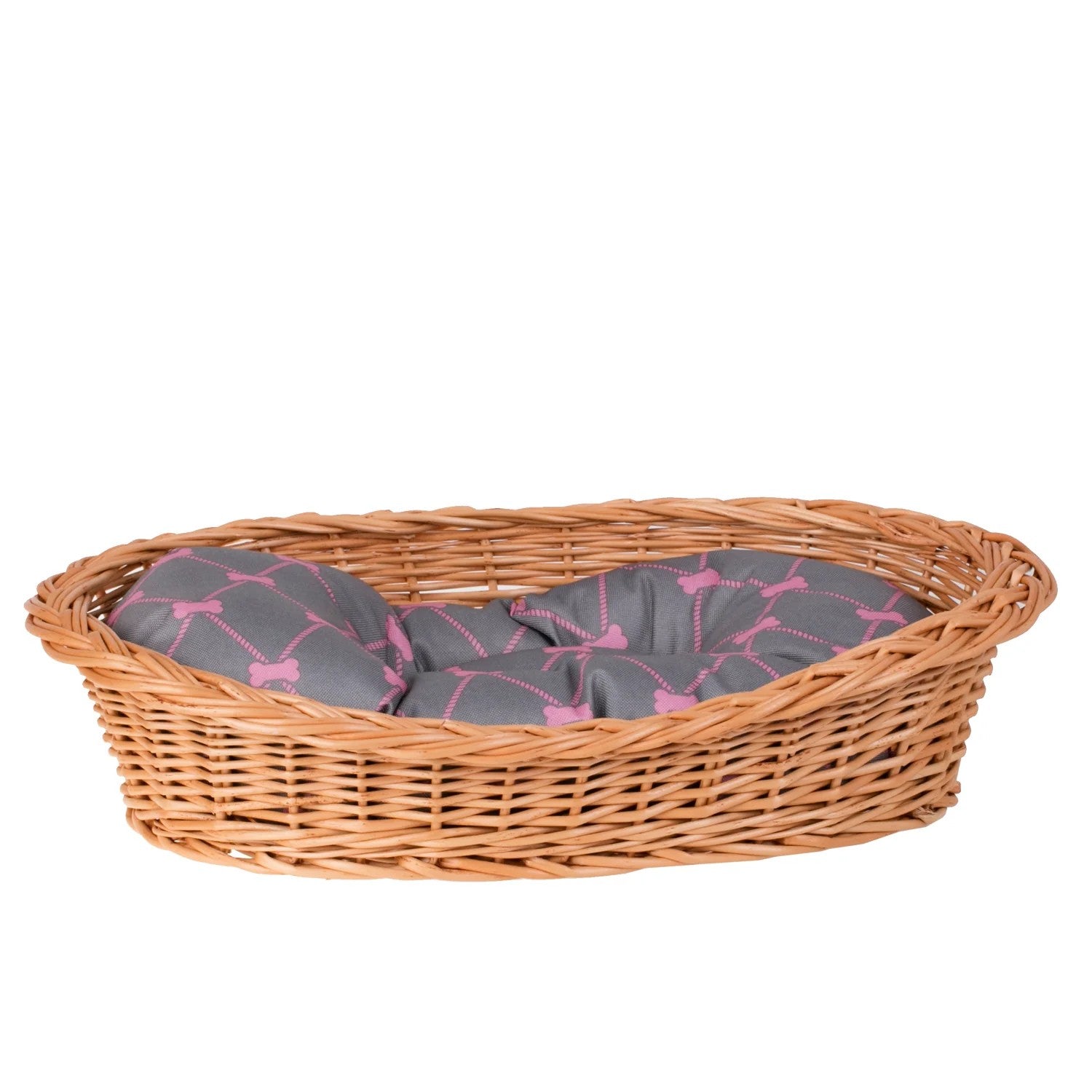 Enovia Natural Wicker Dog Bed With Grey And Pink Cushion, 70x54 cm