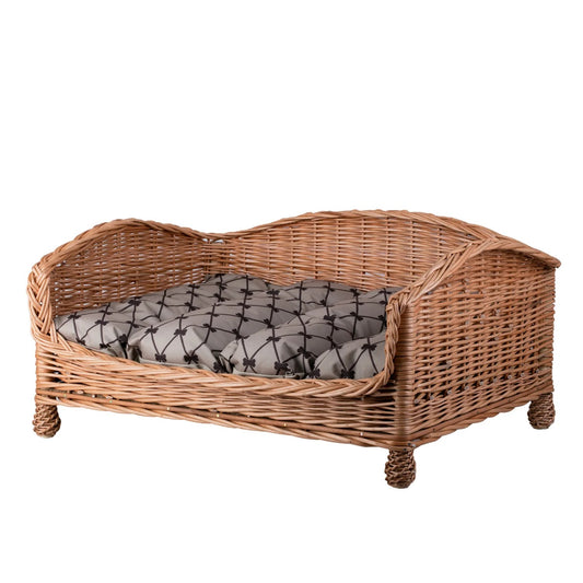 Erivia Wicker Pet Basket With Gray And Black Cushion, 54x32 cm