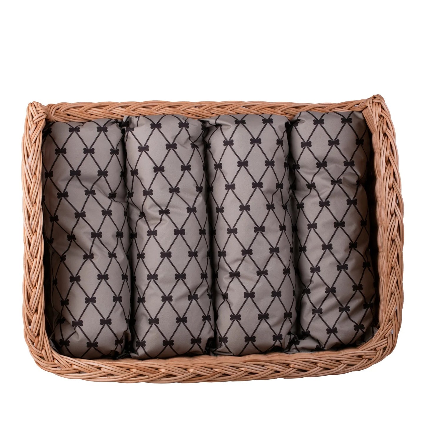 Erivia Wicker Pet Basket With Gray And Black Cushion, 54x32 cm