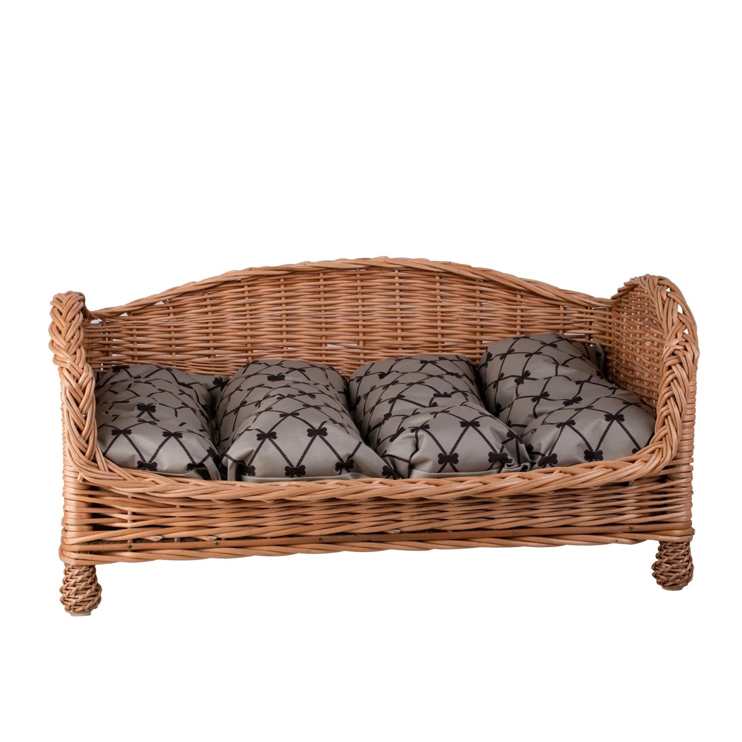Erivia Wicker Pet Basket With Gray And Black Cushion, 54x32 cm