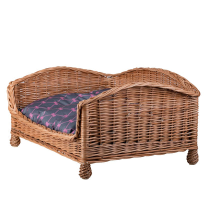 Erivia Wicker Pet Basket With Gray And Pink Cushion, 54x32 cm
