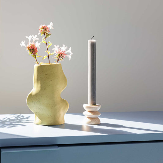 Handmade Fluxo ceramic vase in Pistachio with a unique gradient finish, crafted in Portugal. Contemporary sustainable home decor on That Green Store