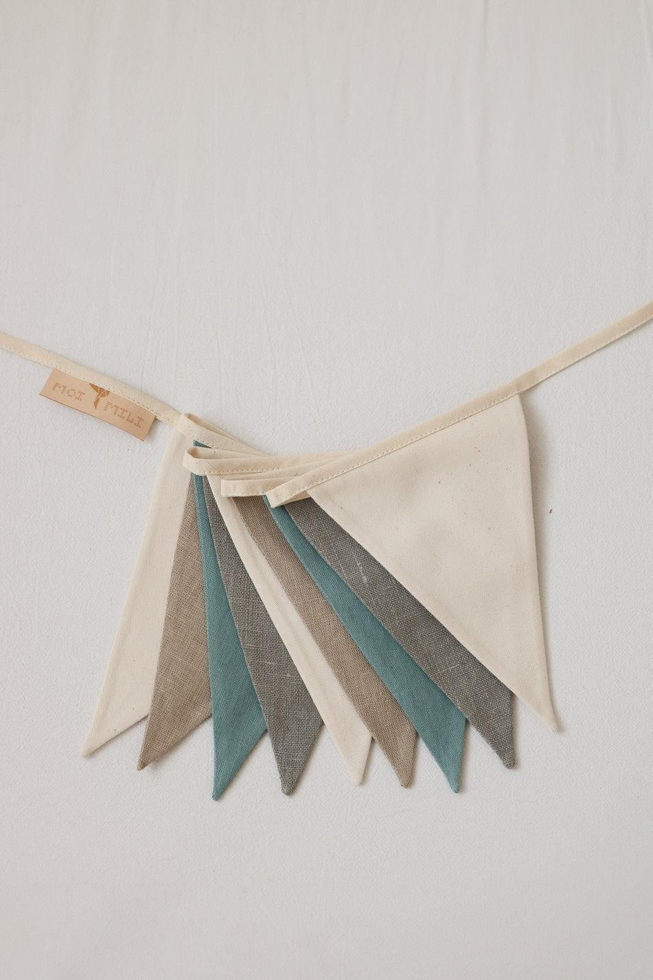 Linen pendants in neutral cream, grey and teal tones