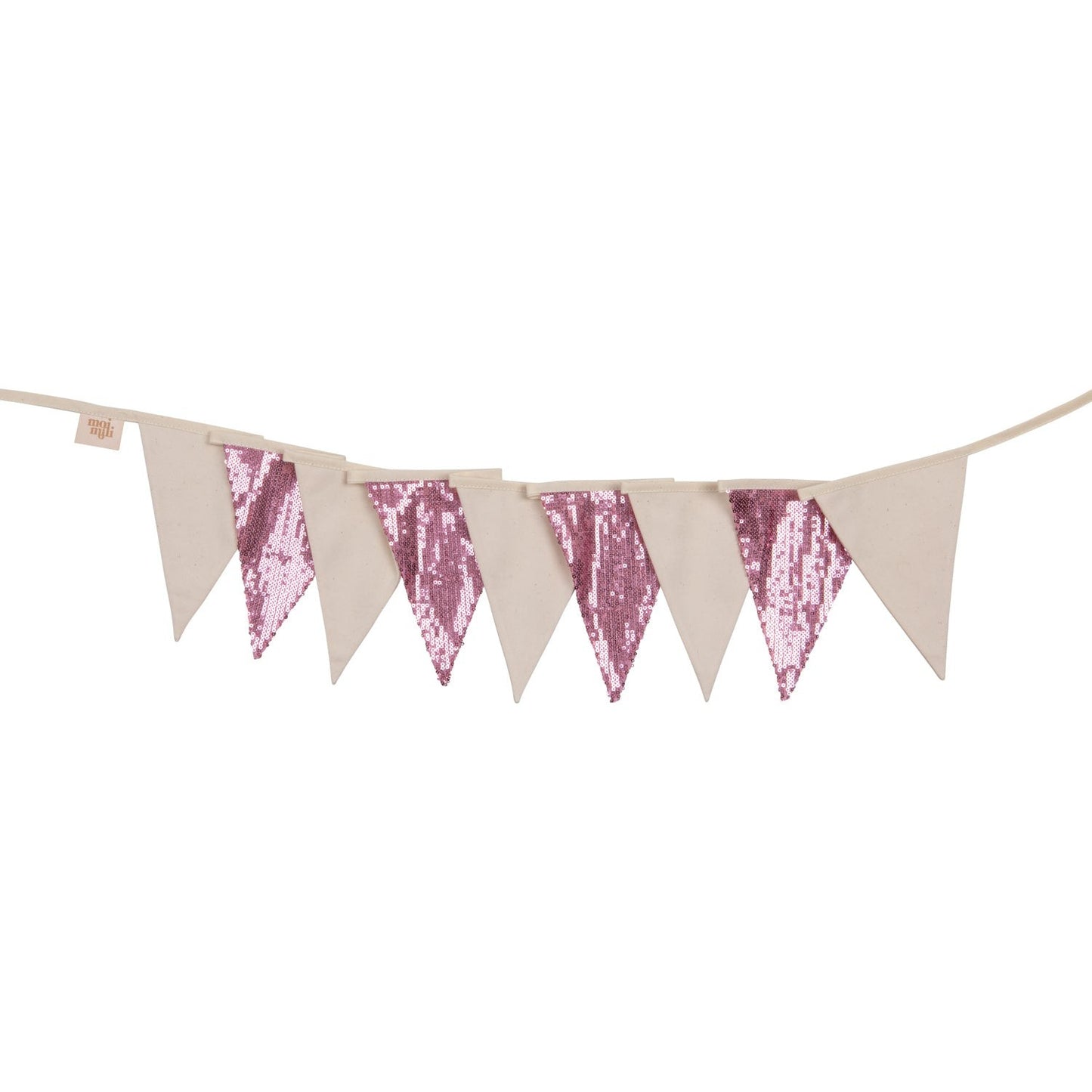 Moi Mili Pink and Beige Sequin Garland - Decorative hanging bunting with pink fabric and gold sequins