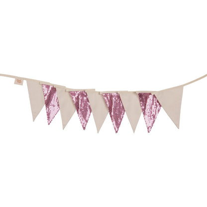 Moi Mili Pink and Beige Sequin Garland - Decorative hanging bunting with pink fabric and gold sequins