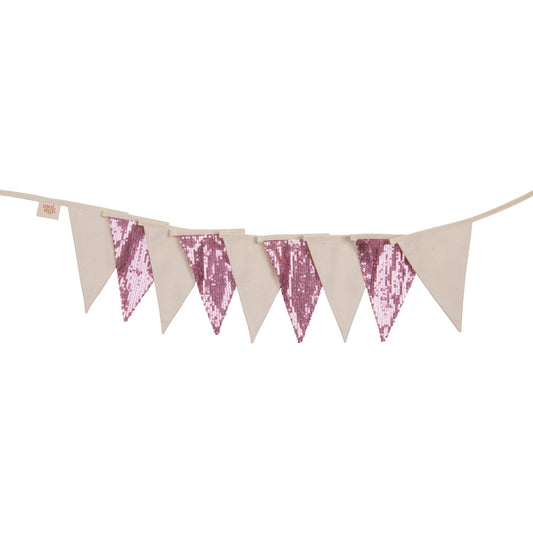 Moi Mili Pink and Beige Sequin Garland - Decorative hanging bunting with pink fabric and gold sequins