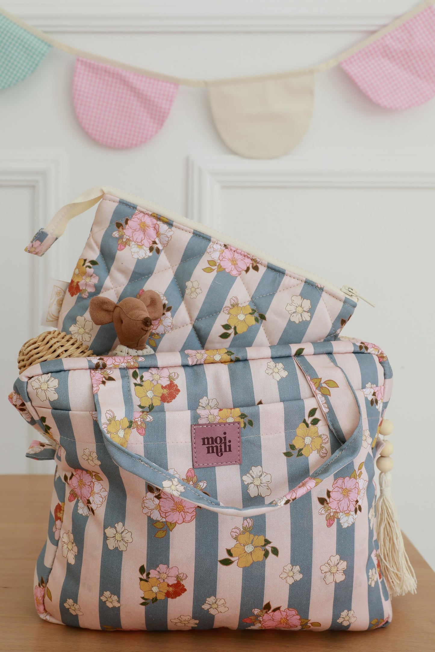 Handmade 100% cotton travel set in Blue Stripes - Front view