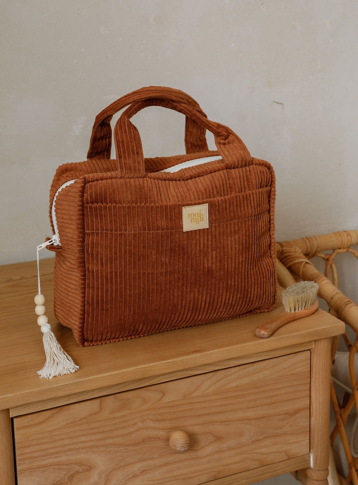 Side View of Moi Mili Large Make-Up Bag Caramel - 100% cotton handmade pouch