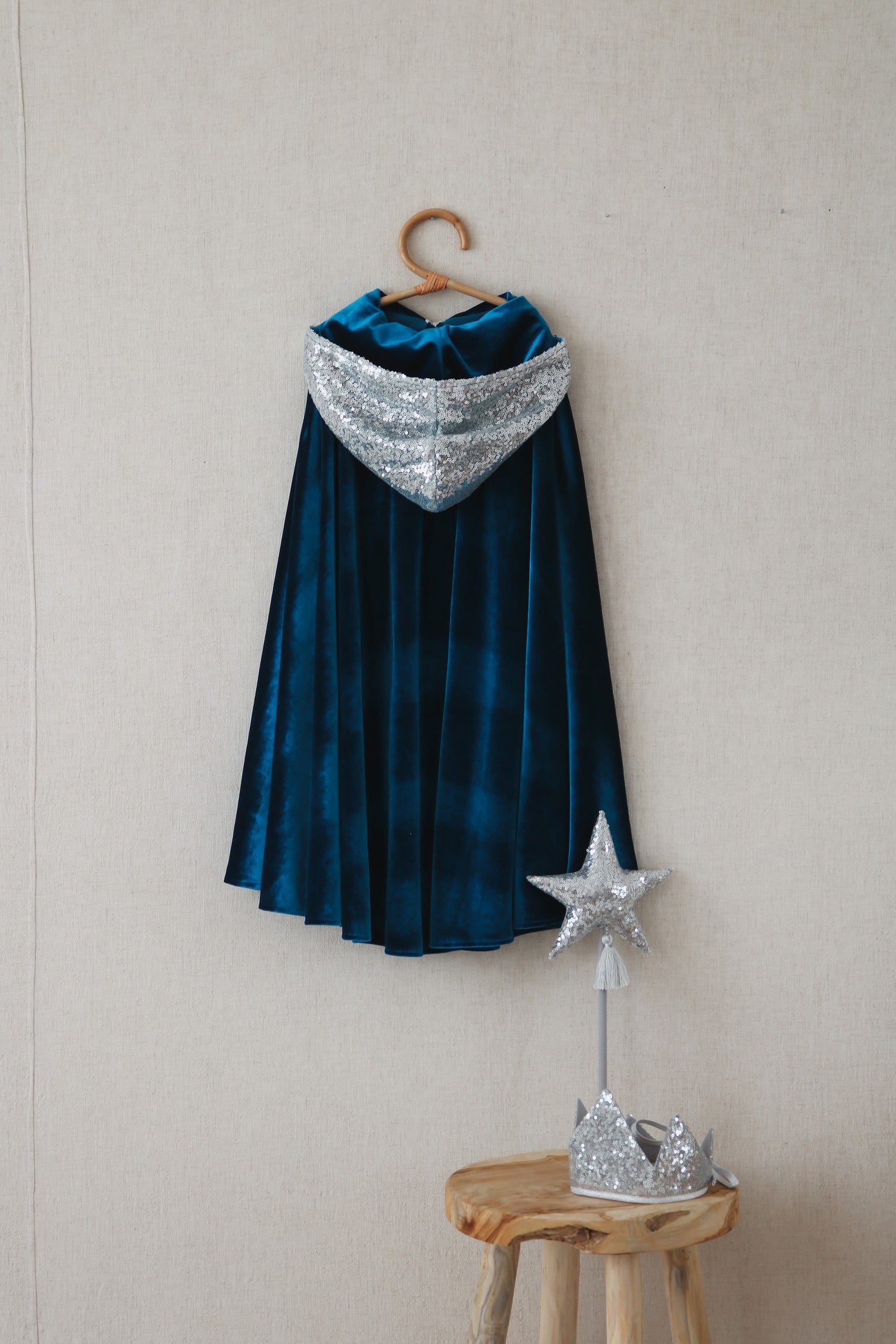 Back View of Handmade in Poland: Silver Snow Queen magic cape with integrated hand holes