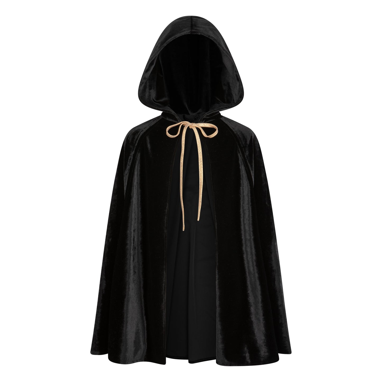 Front View of Moi Mili Black Magic Cape - Shimmering velour costume with hood