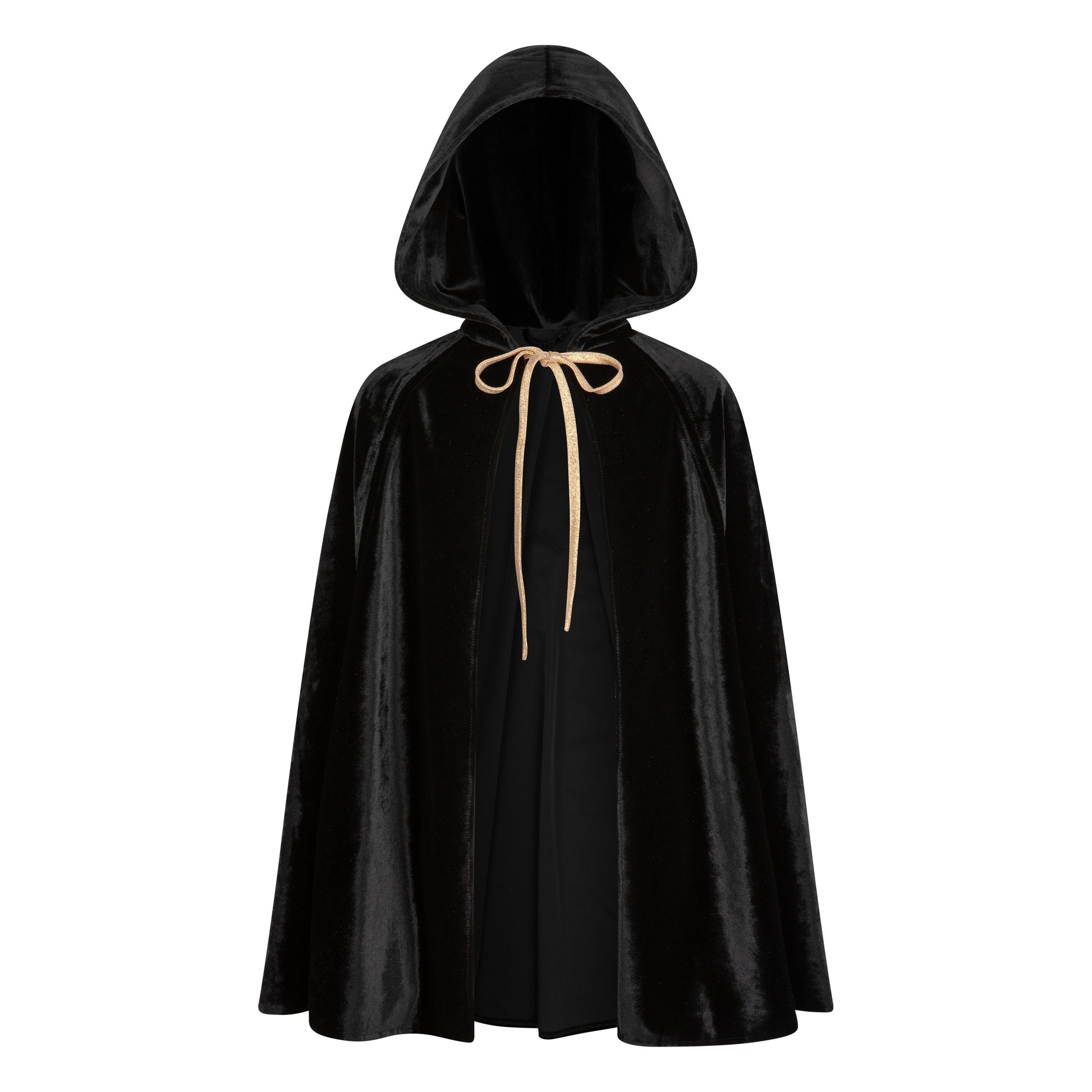 Front View of Moi Mili Black Magic Cape - Shimmering velour costume with hood