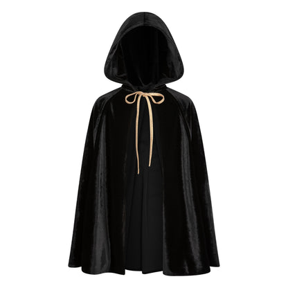 Front View of Moi Mili Black Magic Cape - Shimmering velour costume with hood