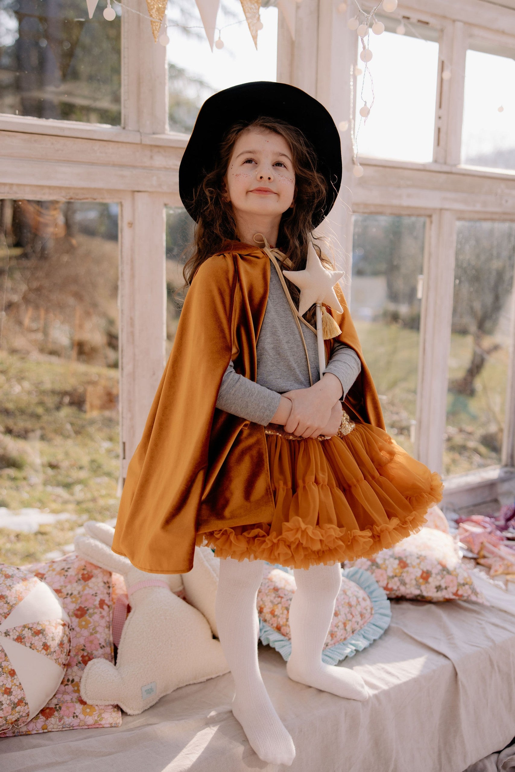 Front View of Moi Mili Golden Riding Hood Magic Cape - Shimmering gold velour costume with deep hood