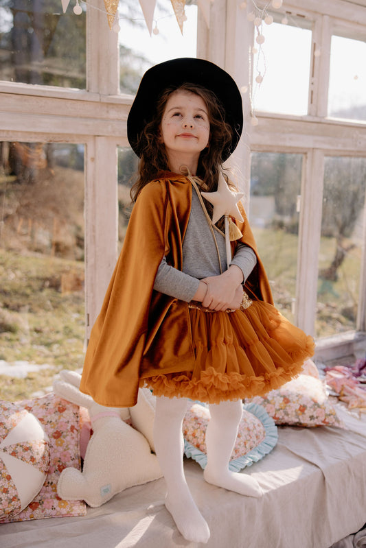 Front View of Moi Mili Golden Riding Hood Magic Cape - Shimmering gold velour costume with deep hood