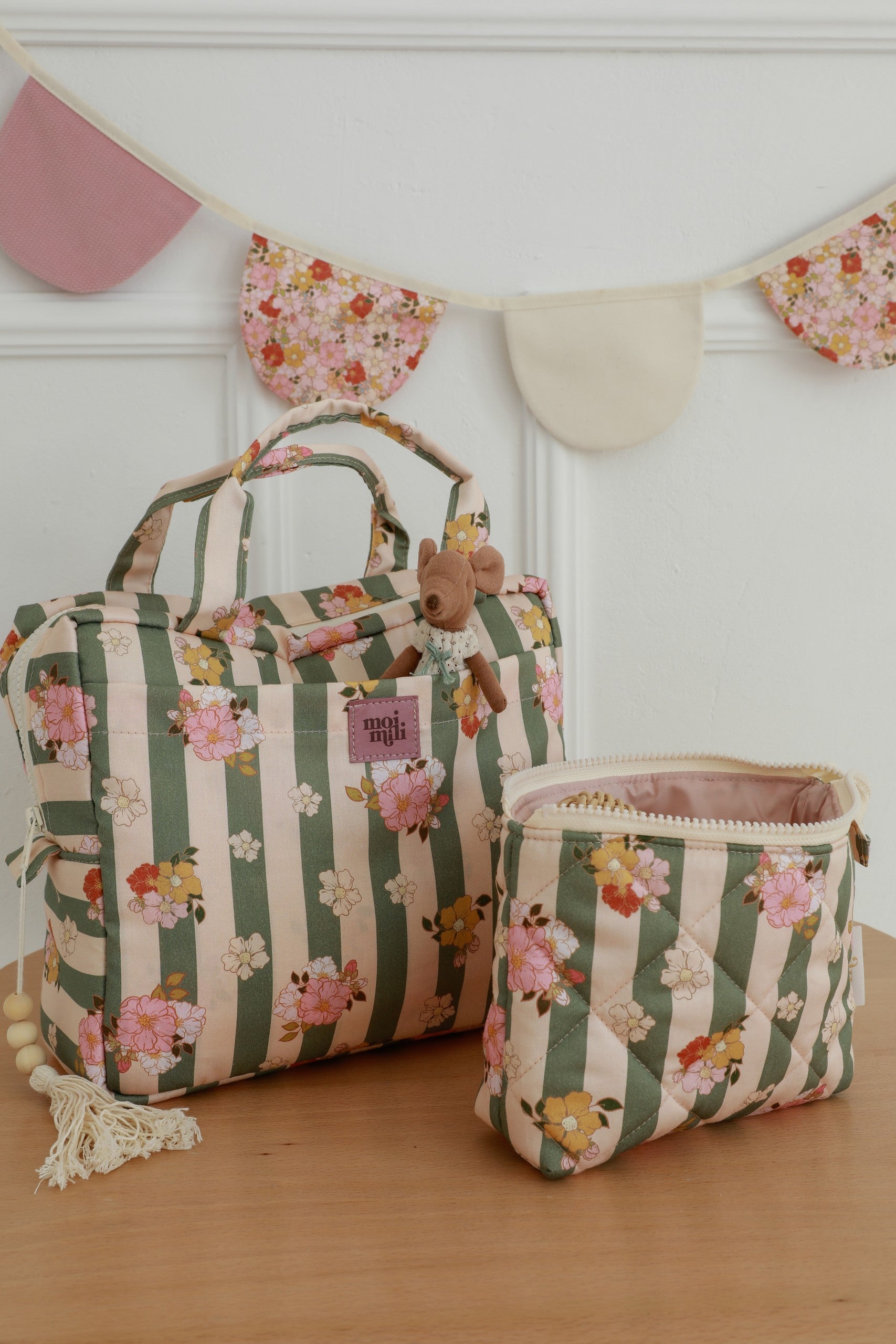 Moi Mili Make-Up Bag Set of 2 Green Striped - Nautical cotton duo