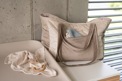 Moi Mili Beige Mom Weekender Bag - Extra large quilted cotton travel bag-External Pocket
