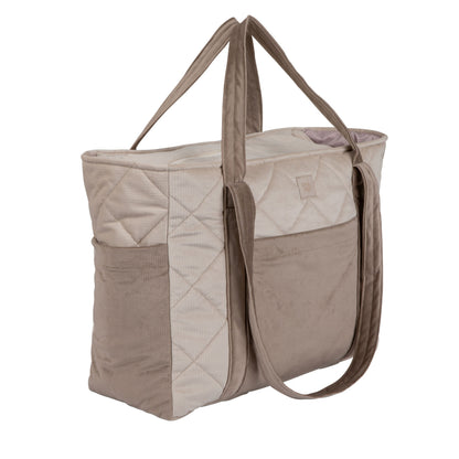 Side View of Moi Mili Beige Mom Weekender Bag - Extra large quilted cotton travel bag
