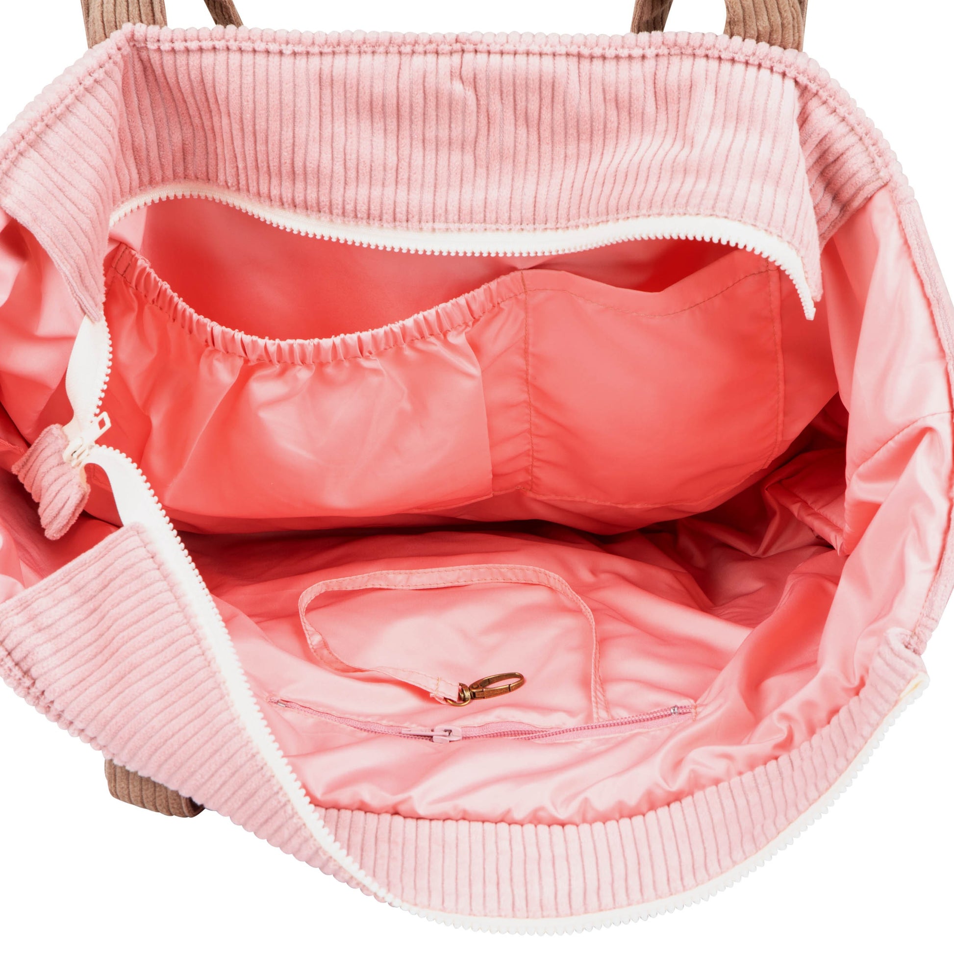 Internal pockets and waterproof lining detail on the Pink Coffee weekender