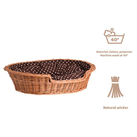 Esmira Natural Wicker Dog Bed With Polka Dot Cushion, 65x43 cm