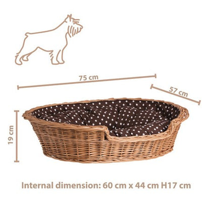 Esmira Natural Wicker Dog Bed With Polka Dot Cushion, 65x43 cm