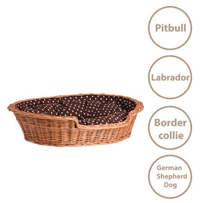 Esmira Natural Wicker Dog Bed With Polka Dot Cushion, 65x43 cm