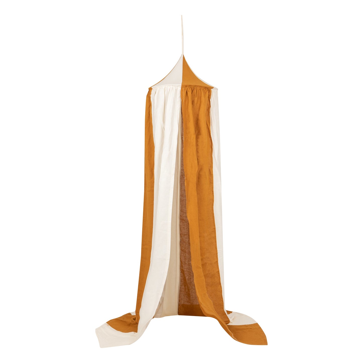 Front view Moi Mili Caramel Circus Canopy - Striped caramel and cream organic cotton and linen blend