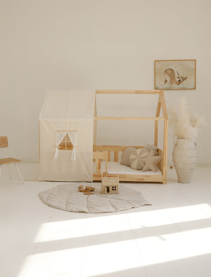 Nursery decor: Sand linen leaf playmat styled in a minimalist Scandi-style room