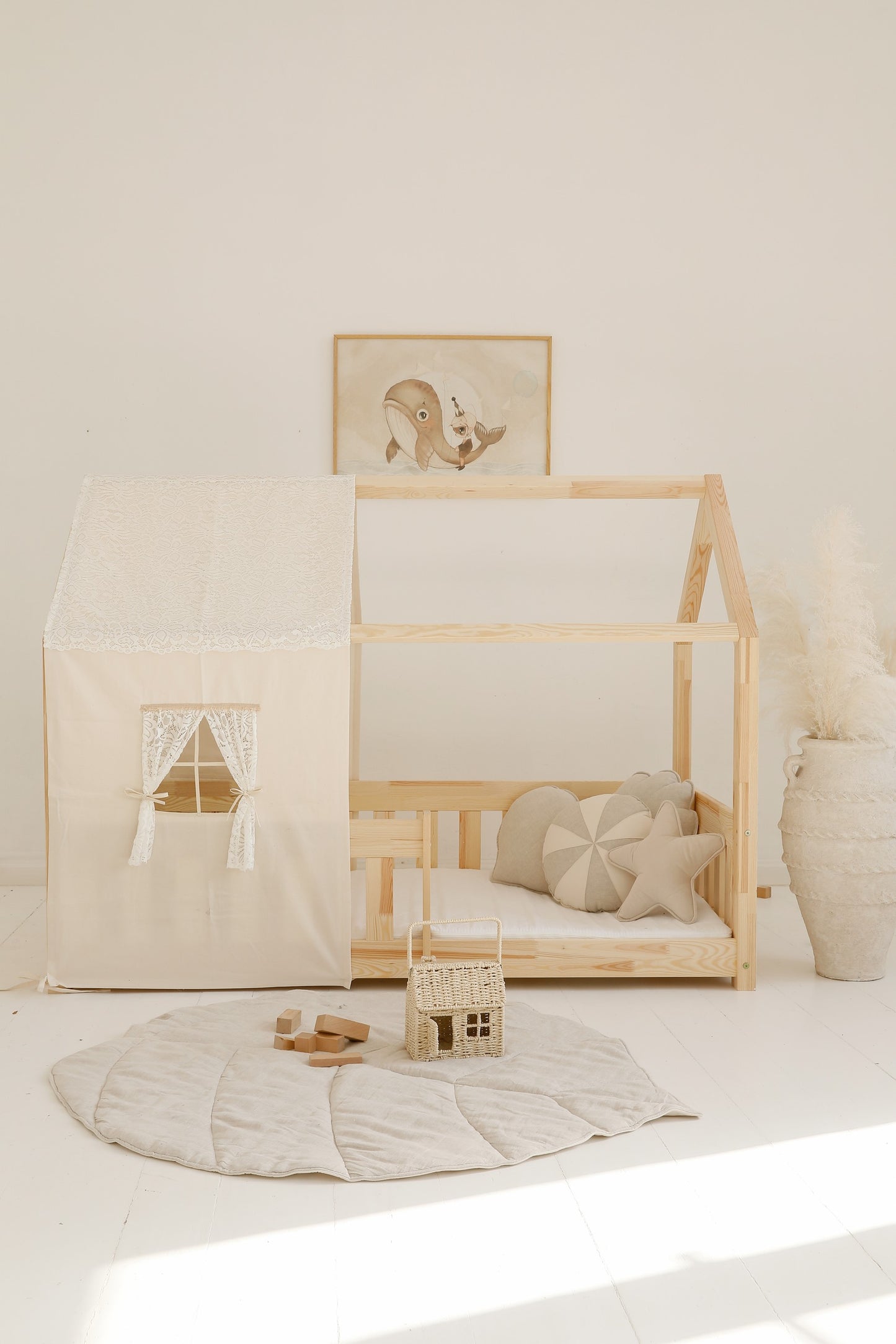 Nursery decor: Sand linen leaf playmat styled in a room