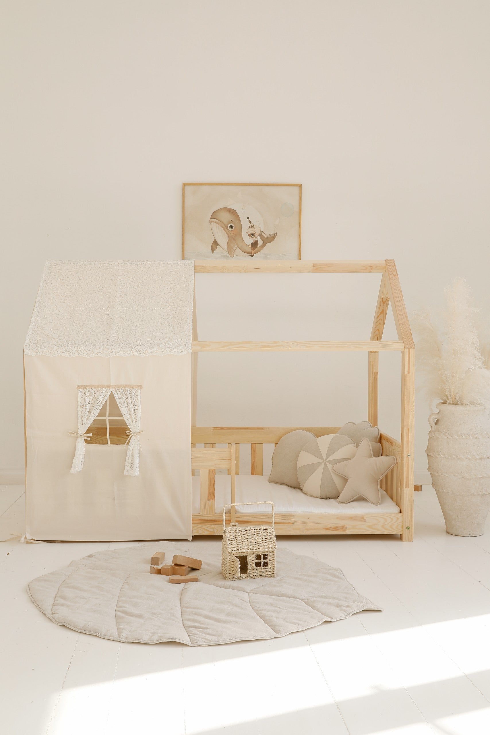 Nursery decor: Sand linen leaf playmat styled in a room