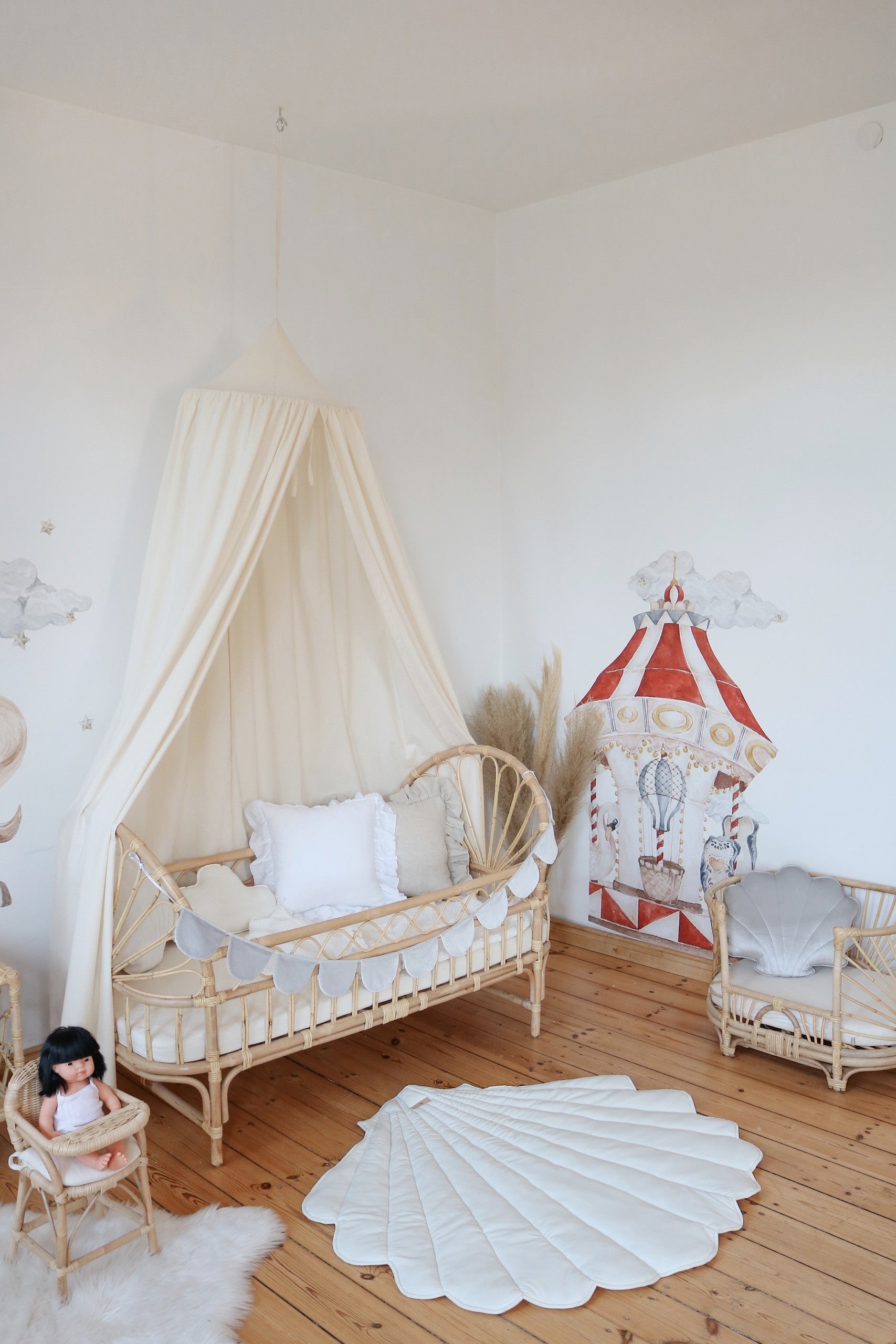 Sustainable nursery decor: Raw Cotton organic canopy in a bright, eco-friendly baby room