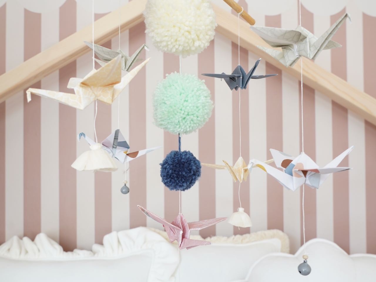 Handmade in Poland: OEKO-TEX certified pastel origami mobile with natural wooden hoop