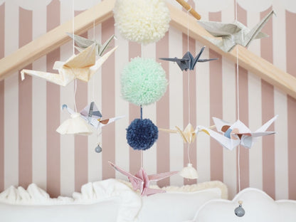 Handmade in Poland: OEKO-TEX certified pastel origami mobile with natural wooden hoop