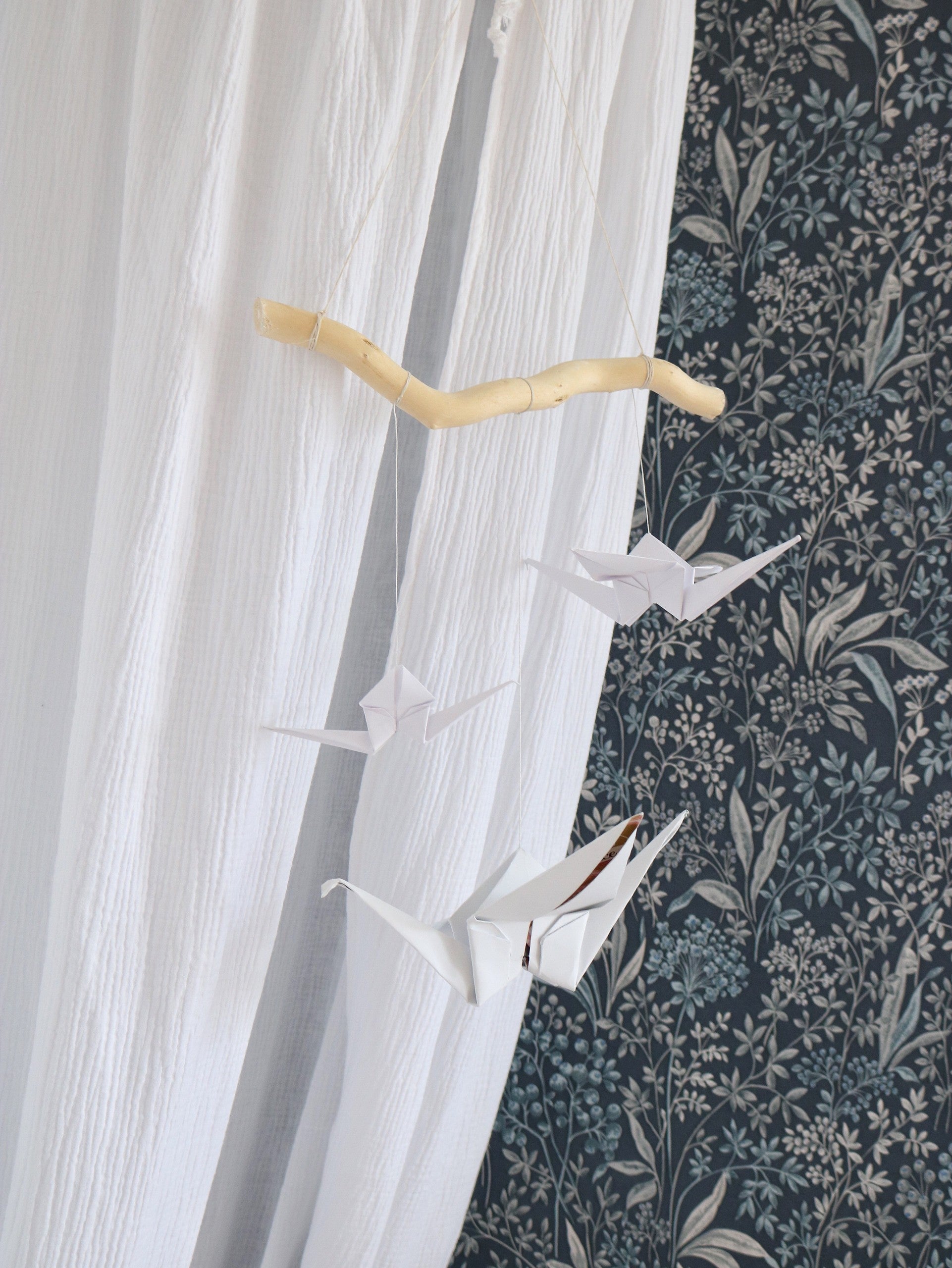 Handmade in Poland: OEKO-TEX certified white origami mobile with a natural wooden hoop