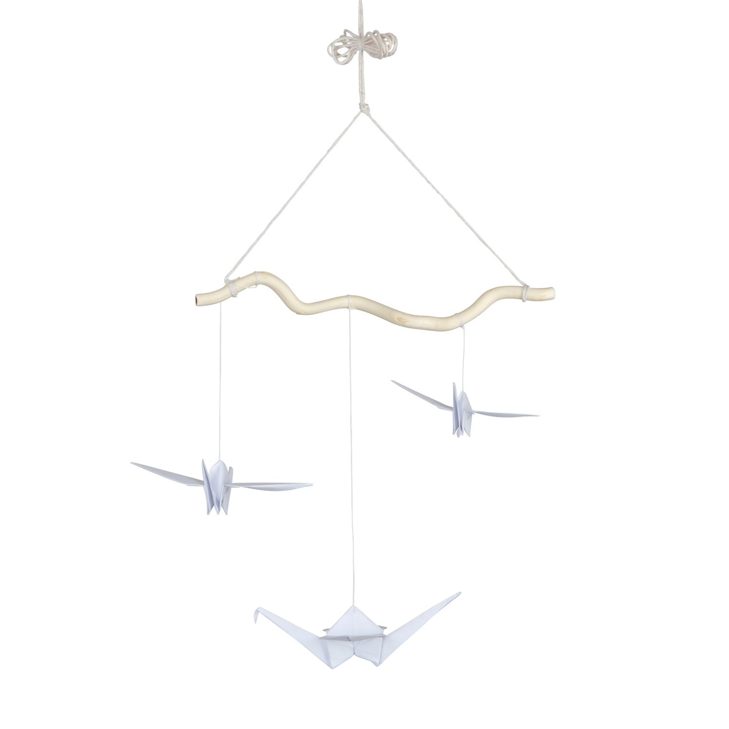 White nursery mobile featuring lightweight hanging elements and a sturdy frame